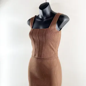 Miou Muse Knit Set Cropped Corset Top High Rise Midi Skirt Brown Small thumbnail 5