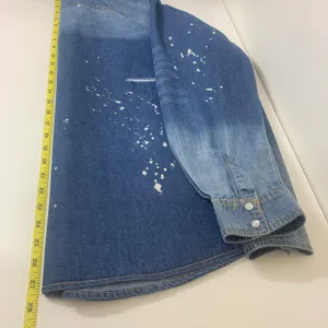 Lucky & Blessed Women's S Blue Distressed Paint Splatter Denim Western Shirt thumbnail 4