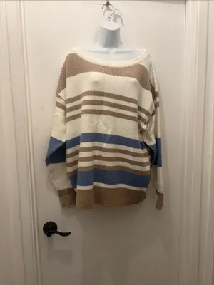 Striped Oversized Knit Sweater - Cream, Tan & Blue size XL new thumbnail 2