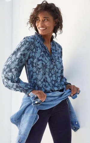 MAEVE by Anthropologie Blue Floral Ruffle-Neck Blouse thumbnail 1