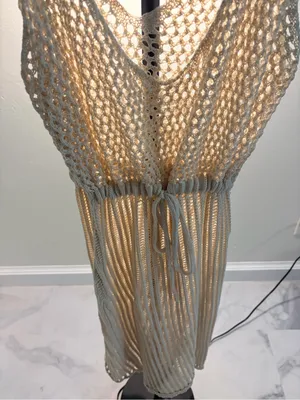 Boho Crochet Swim Cover-Up Dress in Beige thumbnail 3