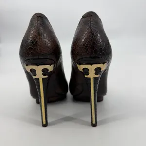 Tory Burch Brown Snakeskin Leather Platform Pumps Gold Logo Heel Size‎ 5.5M thumbnail 4