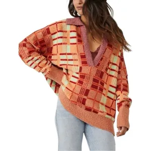 Free People Ruben Oversized Textured Plaid Collared Sweater‎ Boho Pullover M thumbnail 4