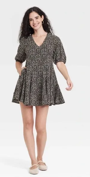 Universal Threads Black and White Puff Sleeve Mini A- Line Dress Size L NWT thumbnail 1