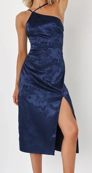 New - Lulus Desirable‎ Dream Navy Blue Satin Jacquard Halter Neck MIDI Dress thumbnail 1