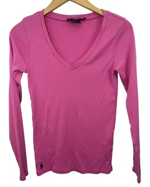 Ralph Lauren Sport V-Neck Top Pink Pony Medium Long Sleeve Old Money Women’s thumbnail 1
