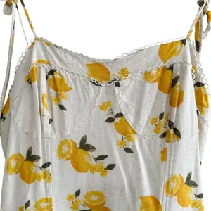 Kirious Lemon Print Linen Blend Midi Dress Yellow White Citrus Vacation Resort thumbnail 3