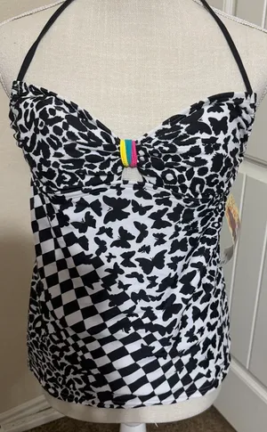 NWT Hobie Tankini Halter Swim Top &‎ bottoms L/XL black white animal print NEW thumbnail 1