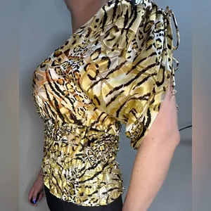 Cache Vintage 1980s Gold Cheetah Print Silk Dolman‎ Blouse Cinched Waist Women S thumbnail 7