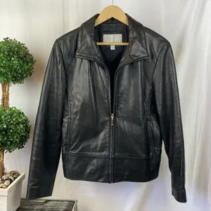 Nine West 100% Leather Black Zip Long Sleeve Jacket L thumbnail 2