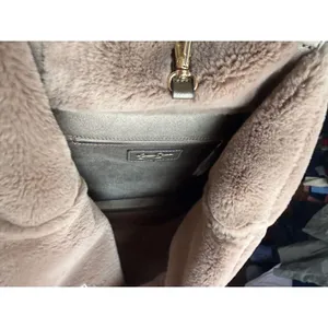 Jessica Simpson Metallic Champagne Faux Fur Trim Tote Bag Gold Logo Charm Large thumbnail 6
