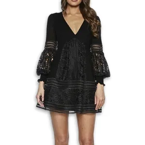 Bardot Mini Dress Black Lace Bell Sleeve V Neck Romantic Boho XS/4 NWOT Cocktail thumbnail 2