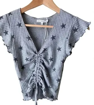 Antistar Grey Star Printed Waffle Knit Cropped Top Boho Hippie Top Blouse thumbnail 1
