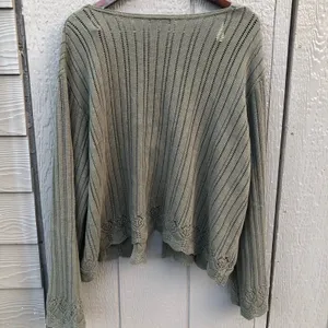 Women's Green Open Knit Tie Front Cardigan Sweater bohemian whimsical size 3X thumbnail 3