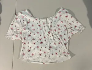 SheIn Button-Front Ribbed White & Pink Rose Floral Crop Top - Size [S] thumbnail 1