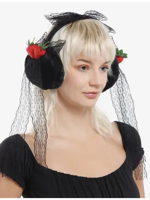 STRAWBERRIES Black Lace Bow Winter Earmuffs NEW NWT thumbnail 1