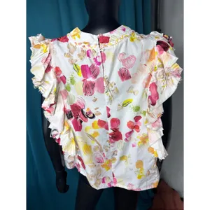FAIRHOPE White Floral Ruffle Sleeve Pintuck Neck Blouse Women's‎ Medium thumbnail 3
