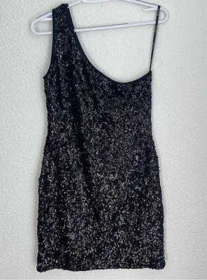 NWT one shoulder black shimmer sequin mini dress lined, size S / M thumbnail 6