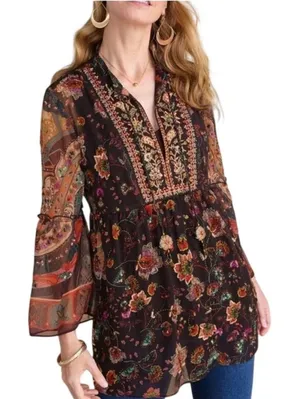 Soft‎ Surroundings Asteria Tunic Top Womens Medium Brown Floral Boho Mesh Beaded thumbnail 1