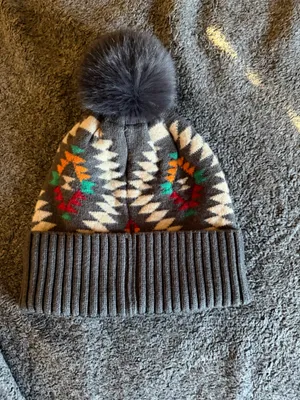C.C Gray Beanie with Colorful Aztec Knits & Pom thumbnail 2