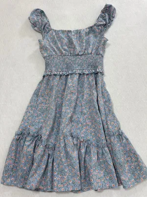 Light Blue Floral Smocked Mini Dress Ruffle Sleeve Women Small H2F367‎ thumbnail 1