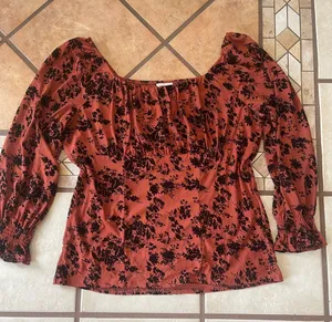 Siren Lily Rust Red Blouse with Black Floral Burnout thumbnail 1