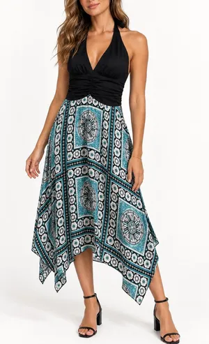 Dressbarn Size 6 Y2K Boho Halter Dress Teal Medallion Handkerchief Hem Ruched thumbnail 1