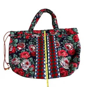 HANDMADE Quilted Bag Tote Large Patchwork Design 23”x16” Cinch Close Floral 90s thumbnail 14