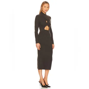 ASTR Spencer Dark Mushroom Cutout Mock Neck Knit Midi Sweater Dress Small NWT thumbnail 4