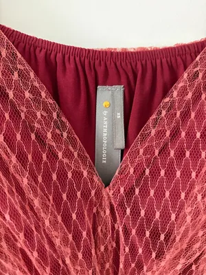 Anthropologie Tulle V Neck Blouse Bordeaux Red Sheer Smocked Peplum Top XS thumbnail 6