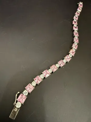 Vintage 925 Sterling Silver Princess Cut Pink CZ & Clear Round Tennis Bracelet thumbnail 6