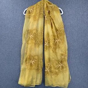 100% Silk Scarf Sheer Gold Yellow Floral Embroidered Sheer Made in Italy Boho thumbnail 2
