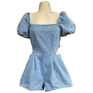 Altar'd State Y2K Festival Summer square neck puff sleeve cut out waist Denim Romper size S thumbnail 3