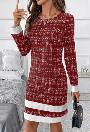 Red Checked Sleeve-Trimmed Dress thumbnail 1