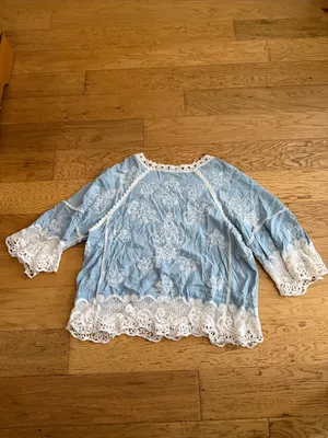 L - Democracy - Light Blue Boho Tunic with Cream Crochet Trim thumbnail 7