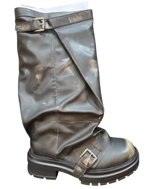 Madden Girl Women's Restore Knee-High Slouchy Lug-Sole Moto Boots Taupe Size 8.5 thumbnail 1
