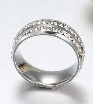 TJ Maxx 8mm Double Row Rhinestone Stainless Steel Unisex Ring Weddig Band Jewelry Size 8 thumbnail 2