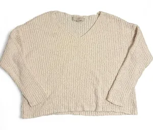 Women’s Loft Light Cream White Casual Long Sleeve V Neck Sweater thumbnail 1