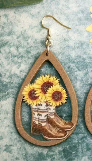 Western‎ Retro Personality Cowboy Boots Sunflower Earrings Wooden Water Drop thumbnail 1