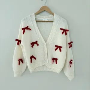Luna Ivy Cardigan Sweater XS Cream Red Velvet Bows Coquette Balletcore Chunky thumbnail 8