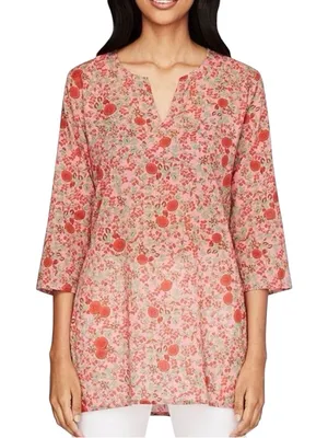 Roller Rabbit Rhody Kurta Tunic Womens Small Floral Pink Green Dress Top V Neck thumbnail 1