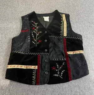 White Stag Womens Black Velvet Patchwork Floral Embroidered Cottage Core Vest S thumbnail 1