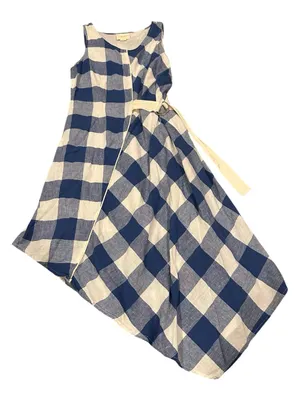 Maeve Anthro Blue White Checkered asymmetrical dress sleeveless Cotton Linen Sp thumbnail 5