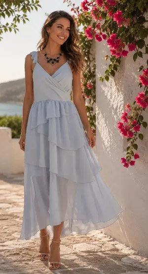 Bellevue Two Tone Blue Tiered Hem Wiola Midi Dress Summer Wedding Guest Vacation thumbnail 1