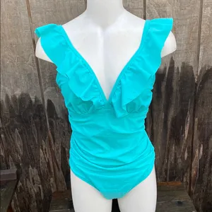 Turquoise Plunge Ruffle Trim Ruched Tummy One Piece Swimsuit Size M thumbnail 3