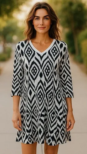 LuLaRoe Womens Dress Size Medium Emily Swing Pockets‎ Black White Ikat Print NEW thumbnail 1