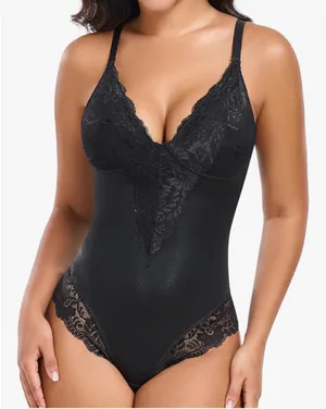 New TROPICA LOVE Shimmer Lace Bodysuit for Women Thong Tummy Control V-Neck Sexy Shapewear Top thumbnail 1