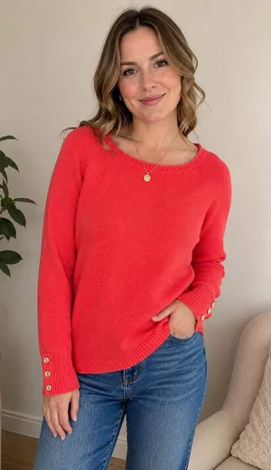 LL Bean Red Textured Knit Long Sleeve Button Cuff Crew Neck Sweater Medium thumbnail 1