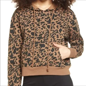 NWT BP Tan/Brown Leopard Print Long Sleeve Drawstring Cropped Pullover v6x thumbnail 1