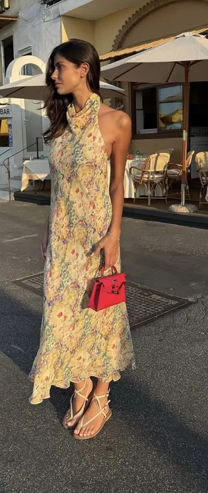 Zara floral Boho open back Halter Maxi summer vacation Dress thumbnail 1